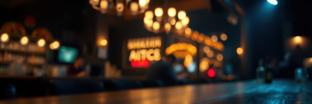 A lively bar features warm lighting and an inviting atmosphere. Patrons are enjoying drinks at the wooden counter while soft music fills the air.
