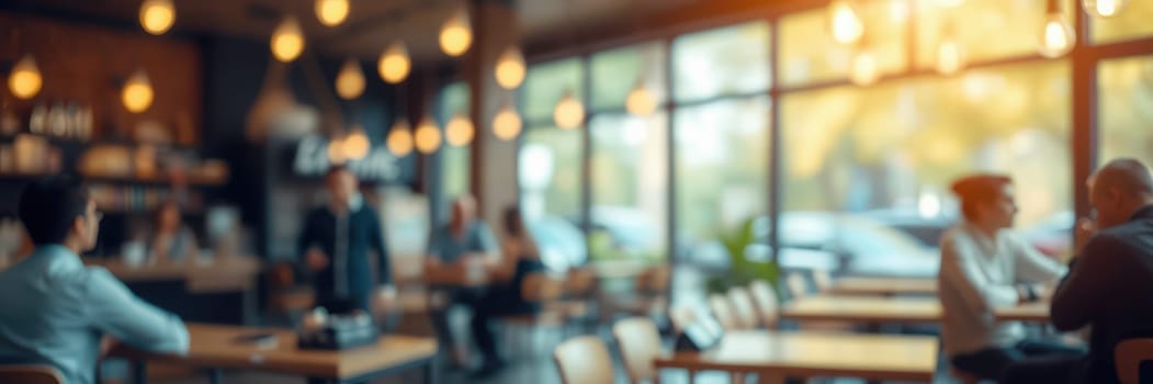 Patrons engage in conversation in a cozy cafe filled with warm lighting and a relaxing ambiance. The golden hour sunlight creates a welcoming environment for social interaction.