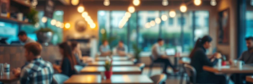 Patrons are seated at wooden tables in a warm, inviting cafe filled with ambient lighting. People are engaged in conversations while enjoying their meals, creating a friendly atmosphere.
