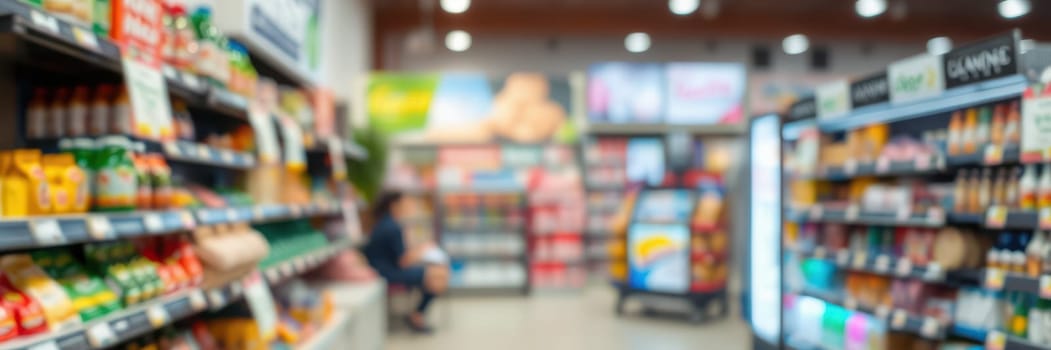 Shoppers browse through an aisle filled with assorted food items in a clean grocery store. Shelves display snacks, condiments, and beverages, creating a vibrant atmosphere.