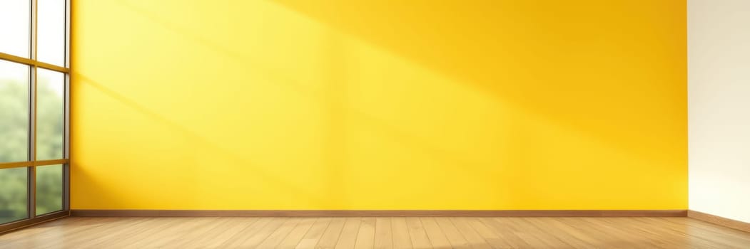 A bright yellow wall in a spacious room reflects sunlight from large windows, creating a warm and inviting atmosphere. The wooden floor adds to the cozy ambiance.