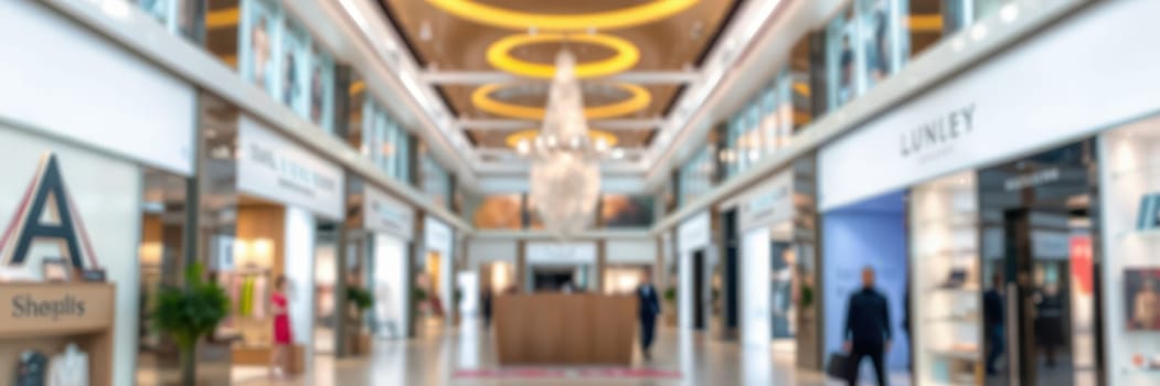 A bustling shopping mall interior showcases stylish shops and a striking chandelier, with shoppers exploring various stores during the day.