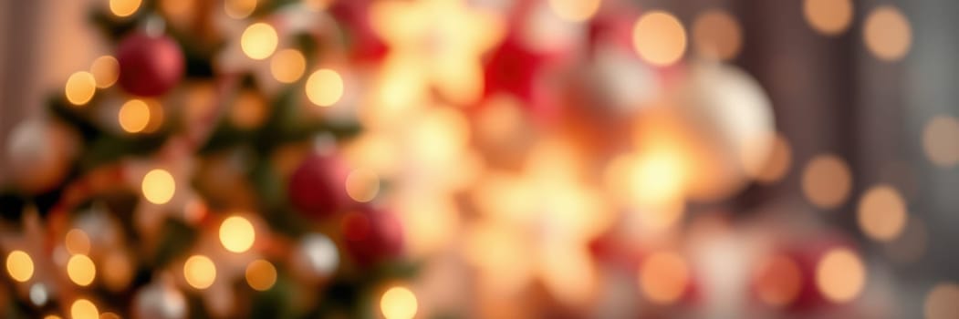 A cozy indoor setting is filled with the glowing light of a Christmas tree adorned with red and gold ornaments. Festive decorations create a warm and inviting atmosphere during the holiday season.