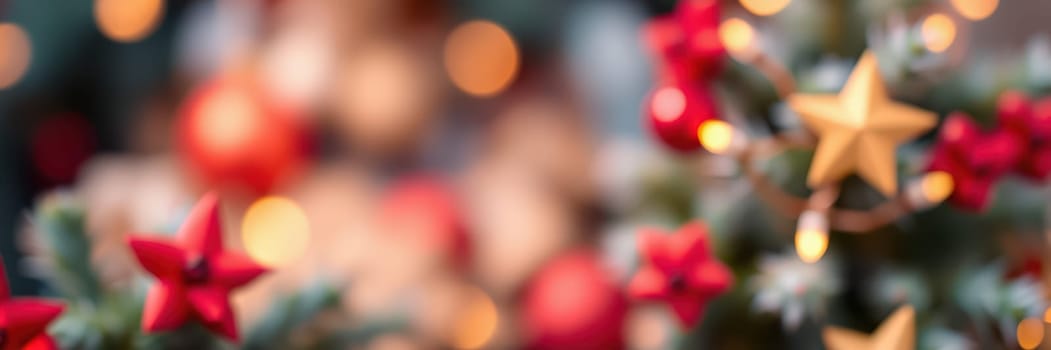 A vibrant Christmas tree features red flowers and golden stars among colorful ornaments. Twinkling lights create a warm, festive atmosphere, highlighting holiday joy.