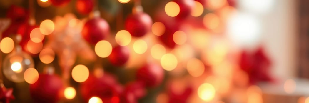 A beautifully decorated Christmas tree filled with bright red ornaments and glowing lights fills the room with a warm, festive ambiance during the holiday season. The soft blur adds a magical touch.
