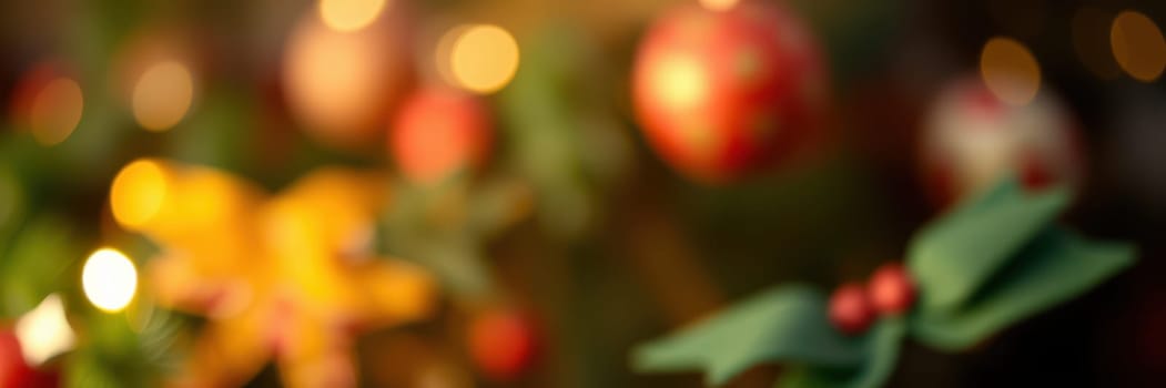 Brightly colored ornaments hang from a beautifully decorated tree, with warm lights twinkling softly in the background. The atmosphere is joyful and inviting, capturing the essence of the season.