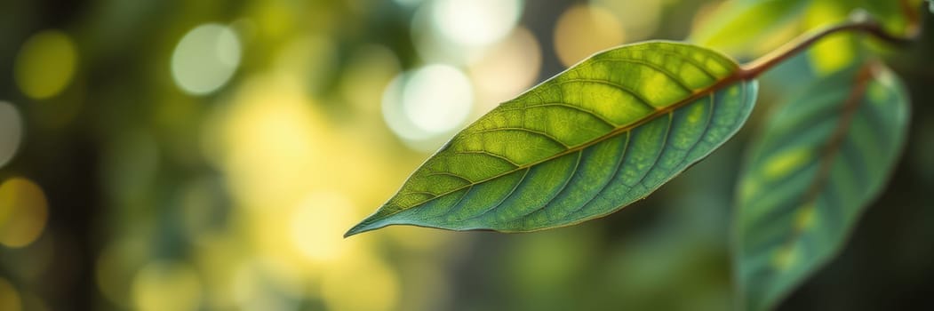 A detailed view captures a single green leaf, showcasing its intricate veins while sunlight illuminates the background, creating a serene atmosphere in a forest.