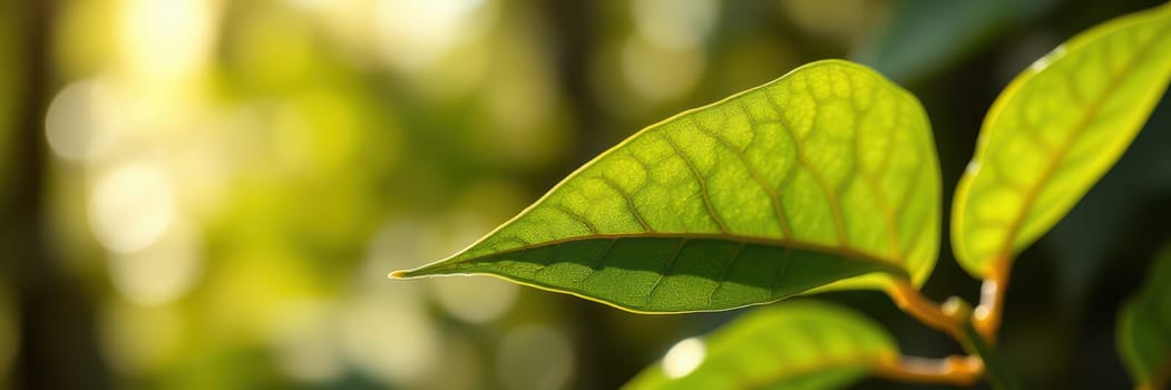 A close-up of a green leaf showcasing intricate vein patterns, bathed in soft sunlight that filters through surrounding foliage, highlighting the beauty of nature.