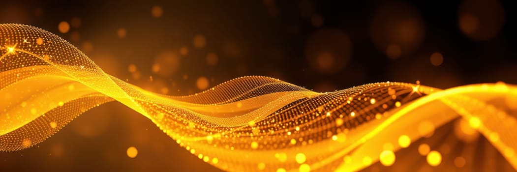 Curving golden lines flow gracefully across a dark background, illuminated by sparkling particles that enhance the dynamic and fluid appearance of the design.