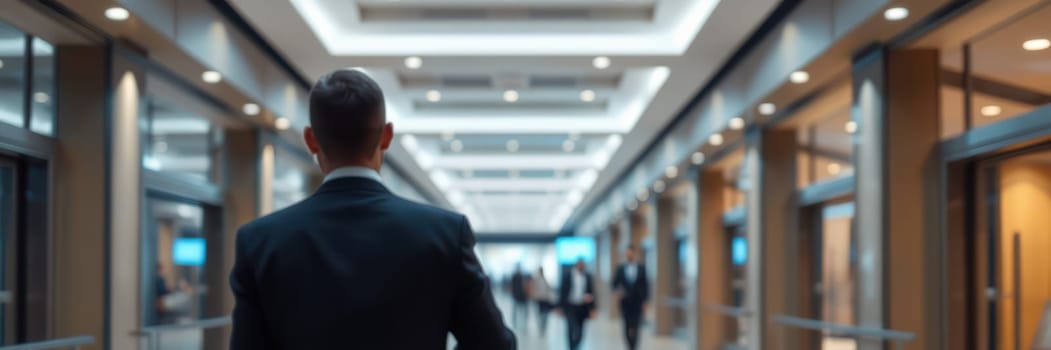 A man in a suit walks purposefully down a well-lit corridor filled with professionals engaged in their daily activities. This setting reflects a vibrant office environment.
