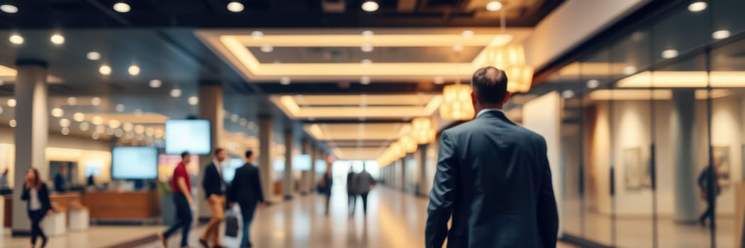 A businessman dressed in formal attire walks towards the camera in a sleek office building corridor. Others are seen engaging in various activities, creating a lively atmosphere.