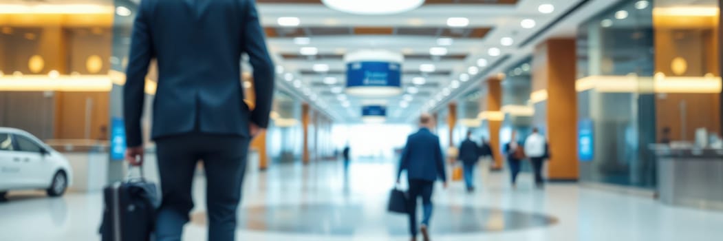 A group of business travelers are walking through a spacious airport terminal, carrying briefcases and bags. The bright lights and modern architecture create a bustling atmosphere.