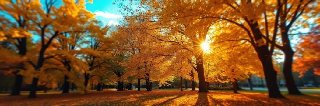 Golden leaves blanket the ground as sunlight pierces through the branches of tall trees in a tranquil park setting during the autumn afternoon.