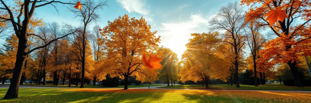 Sunlight bathes a picturesque park filled with brilliant yellow and orange trees as leaves gently fall, creating a tranquil autumn atmosphere in the late afternoon.