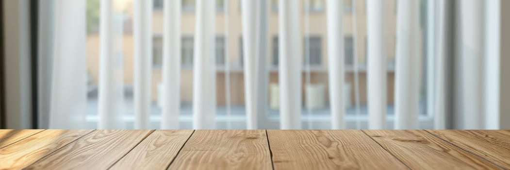 Soft natural light filters through sheer curtains, illuminating a wooden table in a minimalist indoor setting. The atmosphere is warm and inviting, perfect for relaxation.