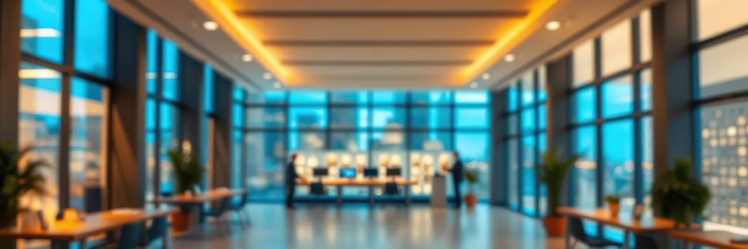 Spacious modern office features large glass windows revealing a cityscape during twilight. Designers created a welcoming atmosphere with stylish furnishings and ambient lighting.