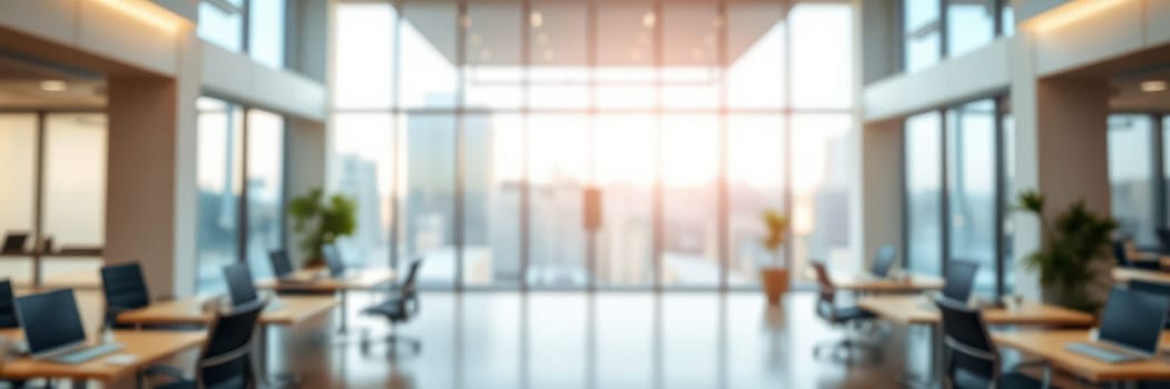 Bright and spacious office features large windows allowing natural light to flood in, offering a view of the city skyline at sunset. Workstations are arranged with modern furniture.