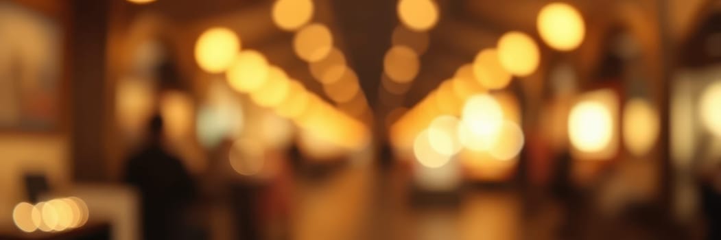 Warm lights illuminate a bustling indoor market, creating a cozy atmosphere as visitors explore various stalls and enjoy the vibrant surroundings in the evening.