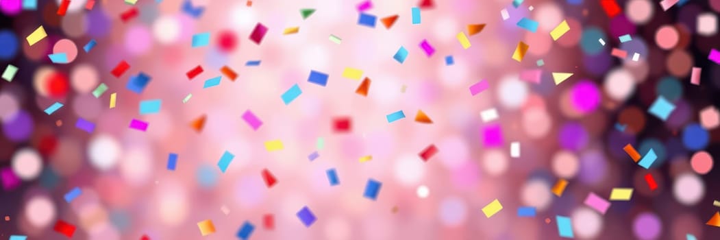 Bright confetti in various shapes and colors falls against a backdrop of shimmering lights, creating a lively atmosphere perfect for a party or celebration.