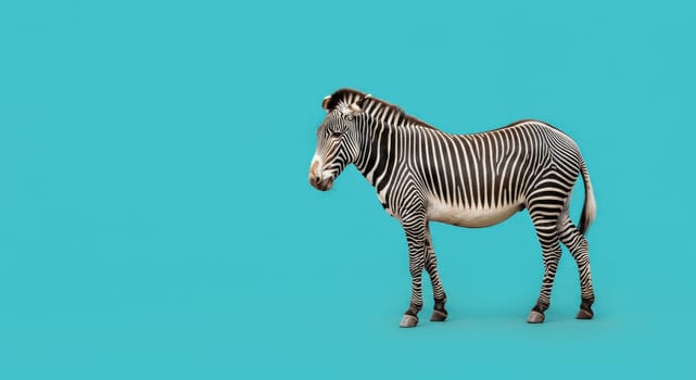 Zebra standing gracefully against a bold blue background, emphasizing its striking black and white stripes. ideal for wildlife themes, contemporary design, or nature-inspired artwork.