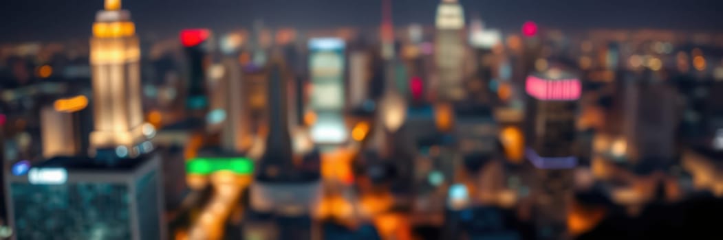 A vibrant city skyline showcases tall skyscrapers and bustling streets lit up at night, reflecting the energy of urban life in a lively environment.