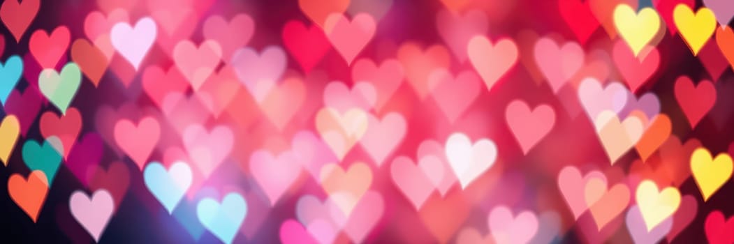 Vibrant heart-shaped lights glow warmly in a mosaic of colors, setting a festive and romantic mood for celebrations in an urban environment during the evening.