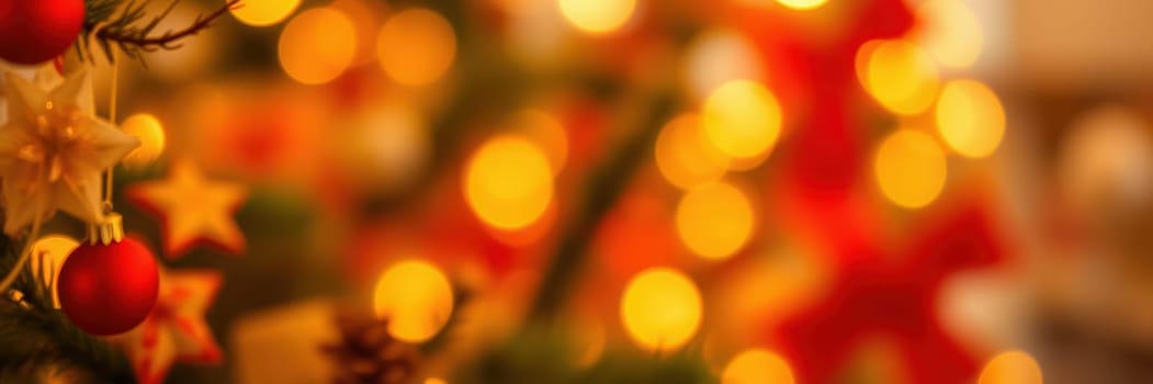 Colorful ornaments hang on a Christmas tree, illuminated by soft golden lights. The background glows warmly, enhancing the holiday spirit and joy of the season.