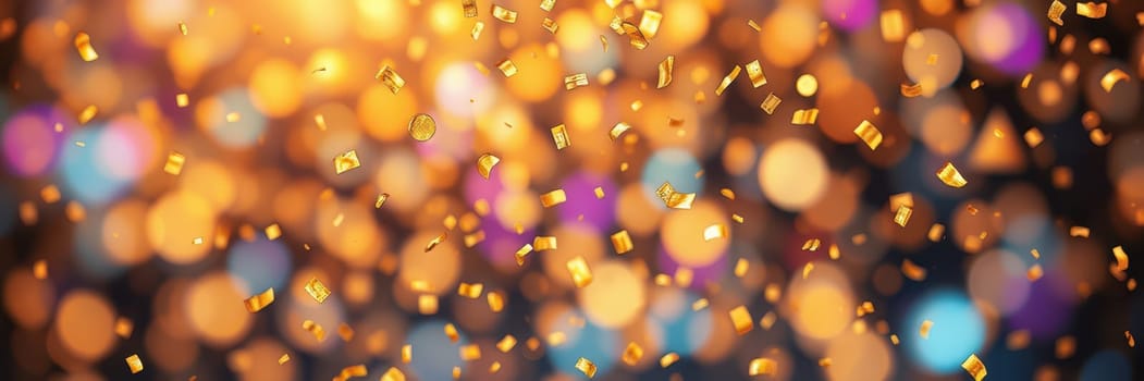 A vibrant display of golden confetti falls amid bright bokeh lights, capturing the joyful spirit of a celebration taking place at nighttime. The atmosphere is filled with excitement.