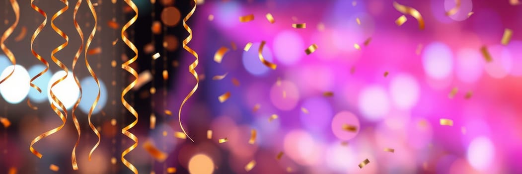 Vibrant gold streamers and confetti flutter in the air, creating a joyful ambiance among blurred neon lights in the background during a nighttime celebration.