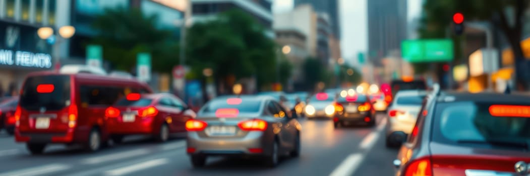 Vehicles navigate a bustling urban street as evening sets in, creating a vibrant display of brake lights and traffic. The atmosphere is lively with city lights glowing.