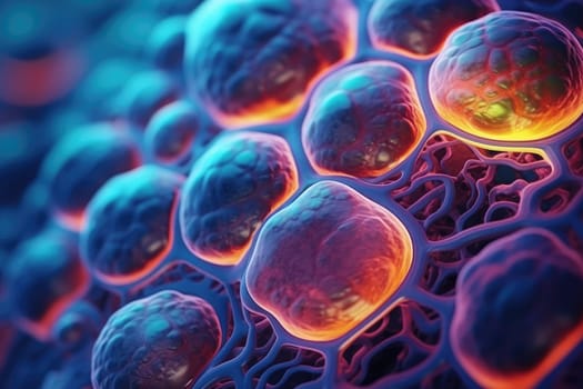 Colorful, abstract depiction showcases intricate cellular formations surrounded by a network of soft lines. The glowing aspects create a captivating visual experience evoking biological themes.