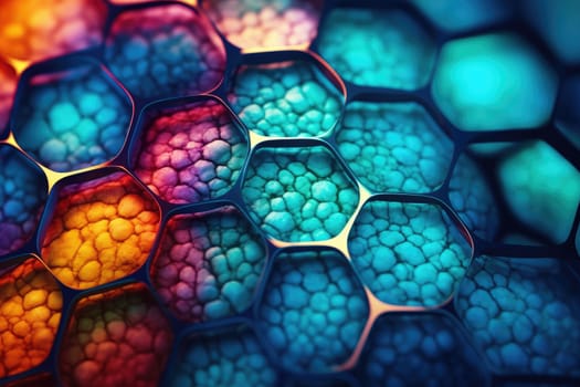 Colorful hexagonal patterns create a mesmerizing abstract background filled with various hues and textures. The design showcases vivid blues, pinks, and yellows, creating a vibrant visual experience.
