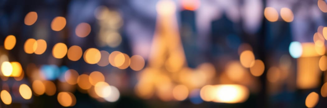 Colorful bokeh lights illuminate a city street at dusk, capturing the festive spirit of the holiday season in an urban area filled with activity and energy.