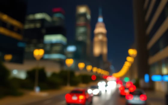 Bright lights from vehicles illuminate the street as traffic flows through the city at night. Tall buildings rise above, showcasing a vibrant urban atmosphere.
