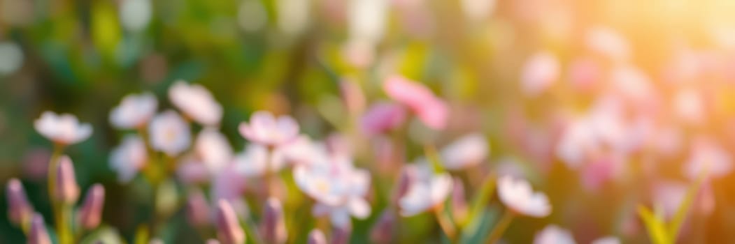 Soft petals of various flowers are illuminated by warm sunlight, casting a serene atmosphere in a vibrant garden during the late afternoon.