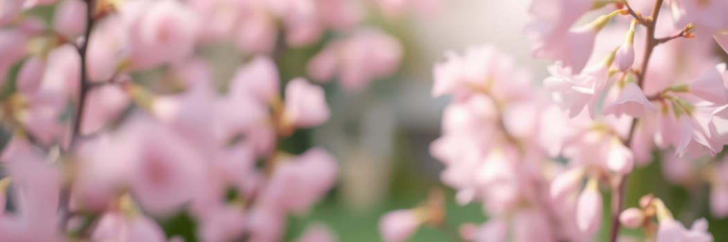 Delicate pink flowers bloom in a lush garden during spring. Sunlight filters through the petals, enhancing the vibrant colors and creating a serene atmosphere for visitors.