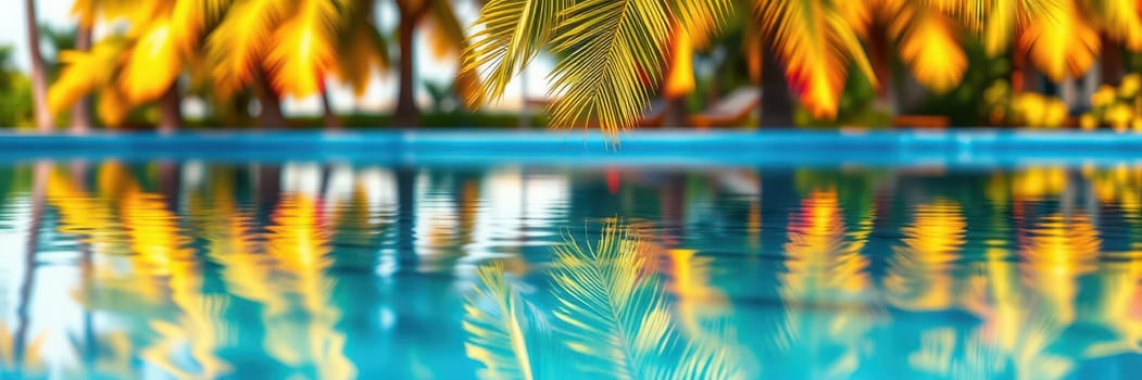 Bright green palm leaves hover over tranquil water, reflecting golden hues under a clear sunny sky. Nature's beauty showcases a serene tropical atmosphere.