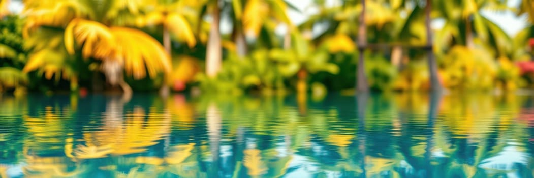 Lush palm trees surround a peaceful outdoor pool, their vibrant leaves mirrored on the water's surface, creating a tranquil atmosphere under clear skies.