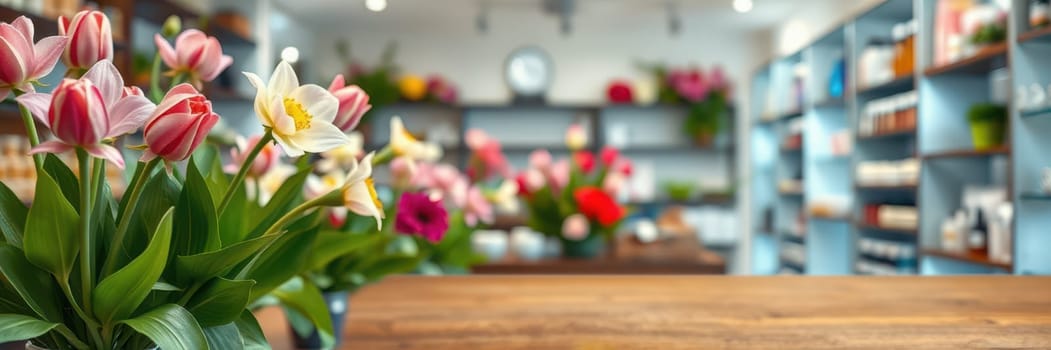Brightly colored flowers are arranged in a charming floral shop. Shelves are stocked with various plants and products, creating a warm and inviting atmosphere.