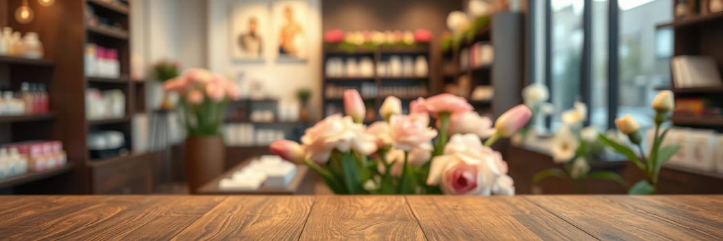 A cozy shop features a wooden table in the foreground, showcasing a beautiful flower arrangement and soft light, creating a warm and inviting atmosphere for customers.