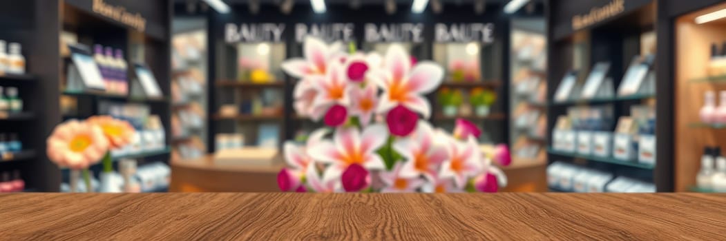 A beautifully arranged bouquet of flowers adds charm to a well-stocked beauty shop filled with various health and personal care products, creating an inviting atmosphere for shoppers.