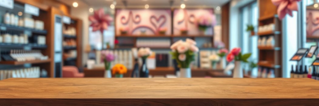 A flower shop displays a variety of colorful blooms arranged around a wooden counter. The cozy interior features soft lighting and decorative floral patterns on the walls.