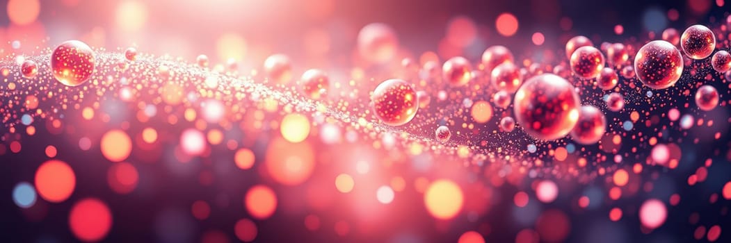 Bright, colorful bubbles float in a vibrant wave, illuminated by soft glowing lights. The background creates a dreamlike atmosphere, evoking a sense of movement and depth.