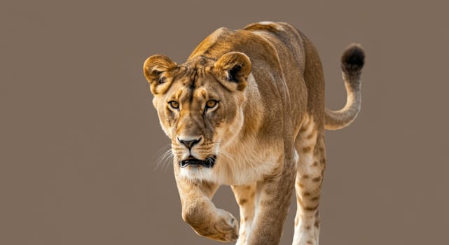 A powerful lioness strides forward with graceful determination, her focused gaze her majestic presence. the neutral background accentuates her tawny fur and muscular build, making this perfect for wildlife-themed designs.