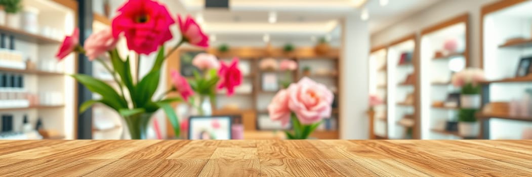 A wooden counter stands foregrounded in a vibrant shop, showcasing beautiful flowers. The shop features shelves filled with floral arrangements and decorative items, creating a welcoming ambiance.