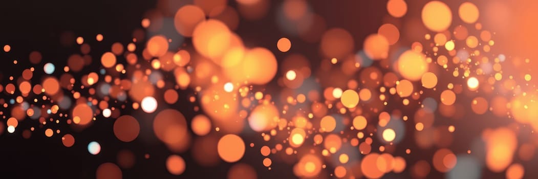 A scattering of warm orange and soft white bokeh lights fills the space, enhancing the festive spirit during an evening celebration, creating a magical ambiance for all attendees.