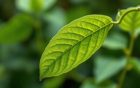 A vibrant green leaf displays detailed vein patterns, illuminated by natural light. This close-up captures the serenity of a lush garden filled with greenery.