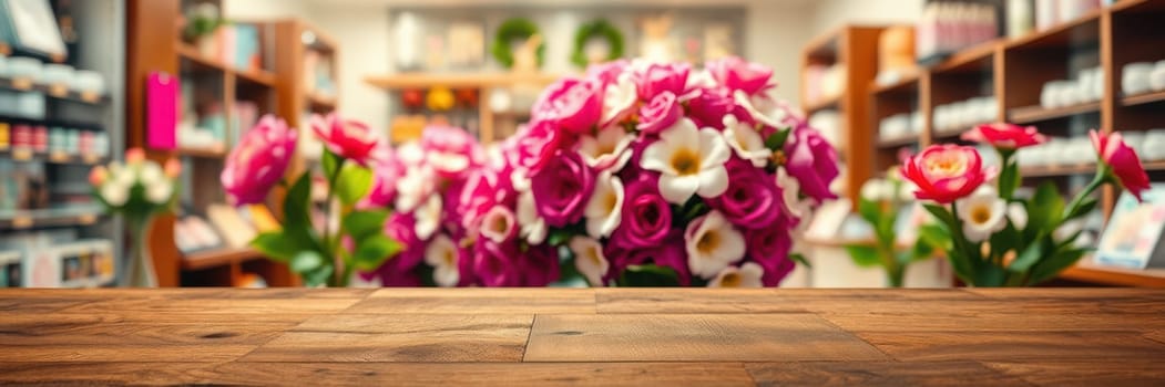 A stunning display of pink roses and white orchids fills the foreground of a charming shop. Shelves lined with various products create a warm atmosphere for visitors.