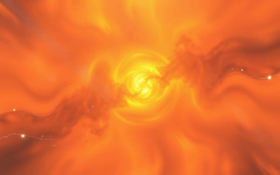 Bright orange swirls dominate the composition, creating a dynamic appearance of a cosmic vortex. Glimmers of light suggest distant stars in this vast interstellar expanse.