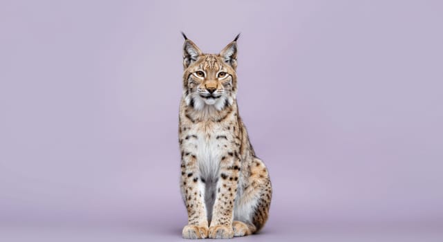 European lynx sits gracefully against a muted purple backdrop. its striking tufted ears and patterned fur highlight the elegance and power of this solitary wildcat, embodying beauty and wilderness.